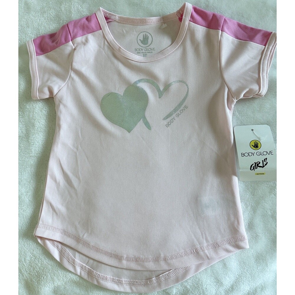 NWT Body Glove Girls Activewear Shirt 3T Pink Silver Metallic Heart Tee